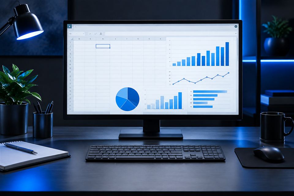 Estação de trabalho com planilha e gráficos