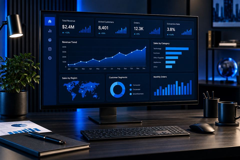 Painel analítico com gráficos e indicadores